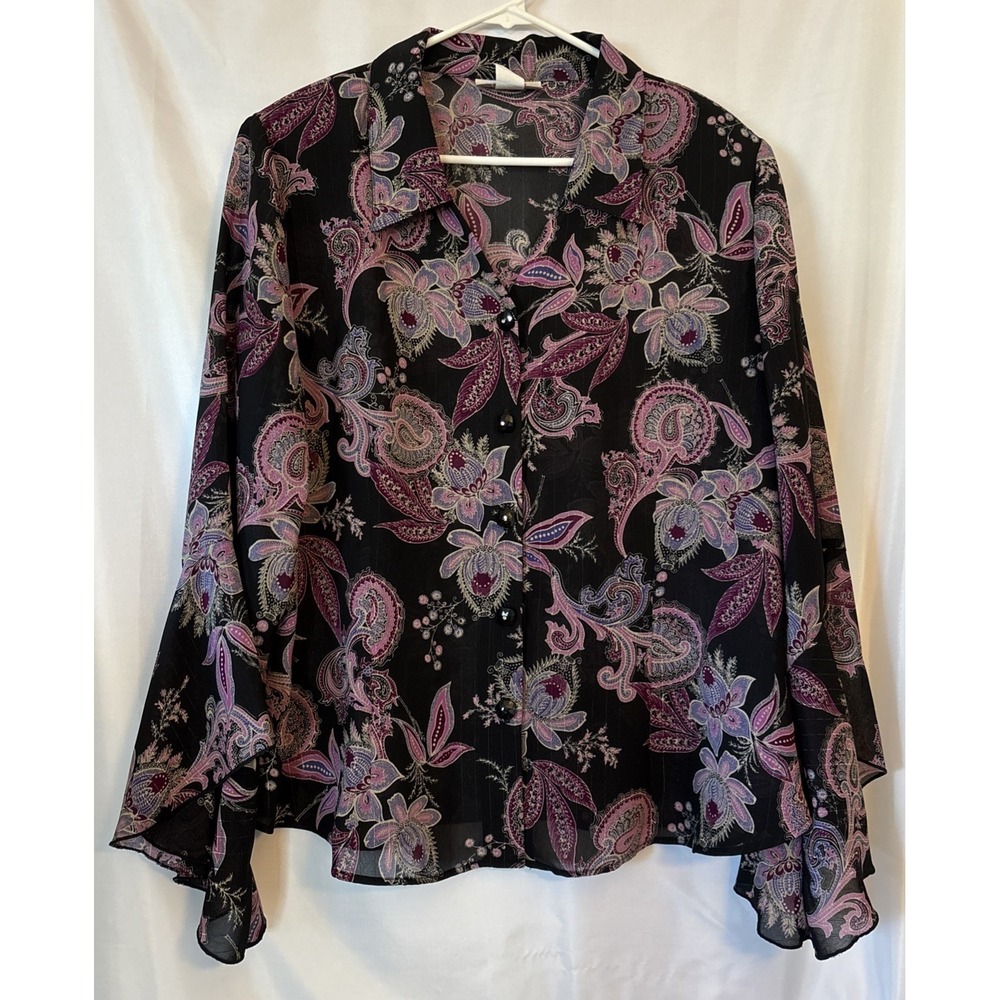 DressBarn Women's Boho Paisley Floral Blouse Bell Sleeve Button Up Peasant 18/20